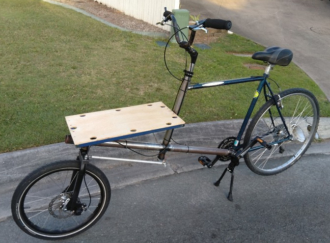 Home built cargo bike, long wheel base with cargo platform at front