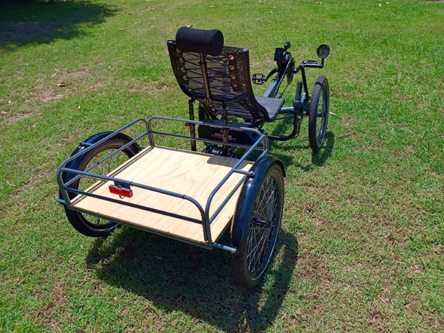 Recumbent cargo quad cycle, view from rear